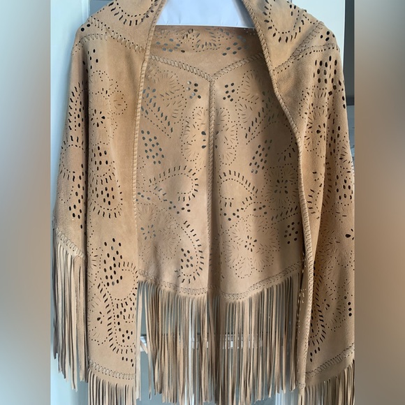 Beige Tan Fringe Suede like Shawl Wrap - Picture 3 of 12
